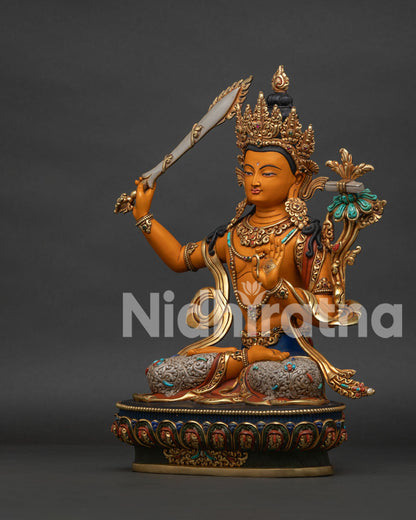 Left Side View of Handmade Manjushri Statue Featuring Traditional Newari Craftsmanship