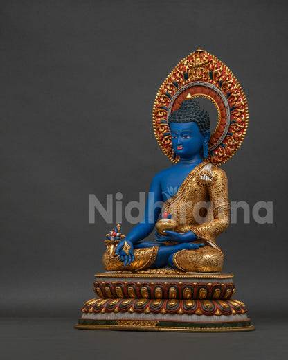 Left-side view of handmade Medicine Buddha statue Daejeon with gold gilding