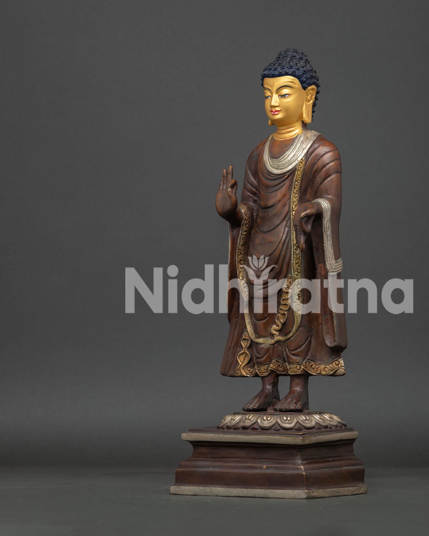 Left Side View of Handmade Standing Dipankara Buddha Sculpture with Silver-Plated Details