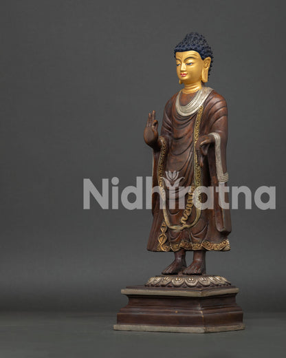 Left Side View of Handmade Standing Dipankara Buddha Sculpture with Silver-Plated Details