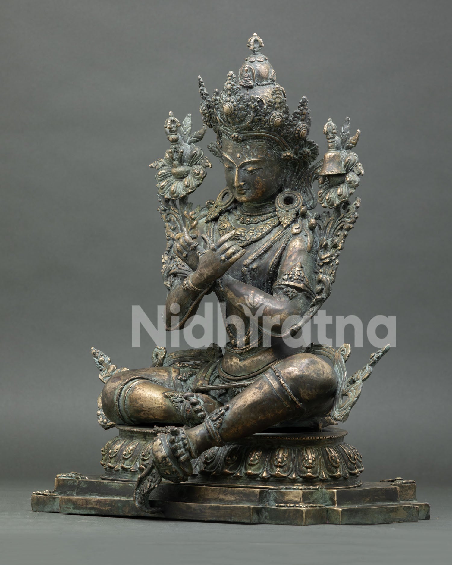 Left side view of handmade Vajradhara Buddha statue, antique bronze finish