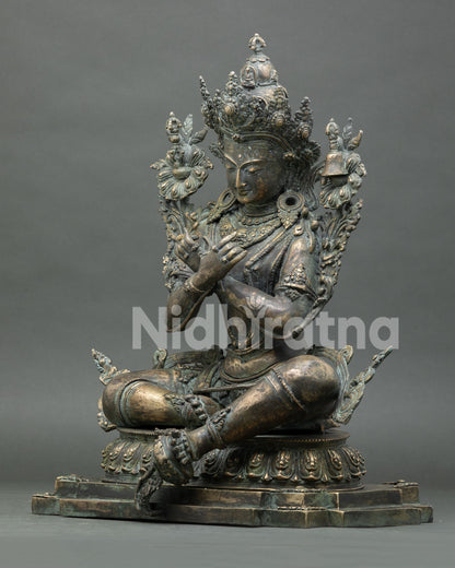Left side view of handmade Vajradhara Buddha statue, antique bronze finish
