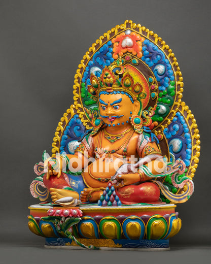 Left Side View of Handmade Yellow Dzambhala Statue Holding Jewel Spouting Mongoose