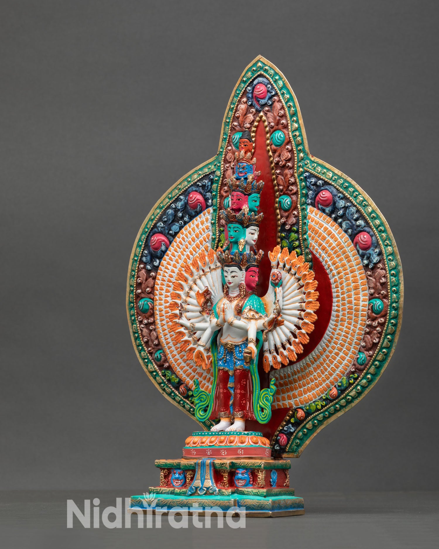 Left Side View of Handpainted Avalokiteshvara Statue with Sacred Arms