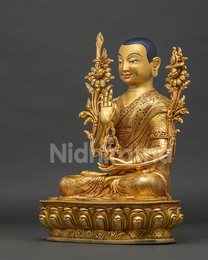 Left side view of Je Tsongkhapa statue Bhutan, handcrafted gold gilded copper