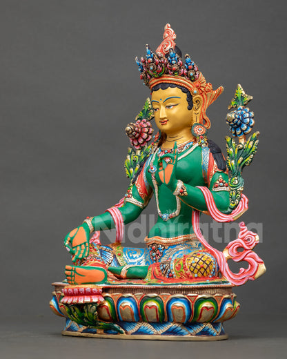 left side view of jetsun dolma statue with multicolour nepalese craftsmanship