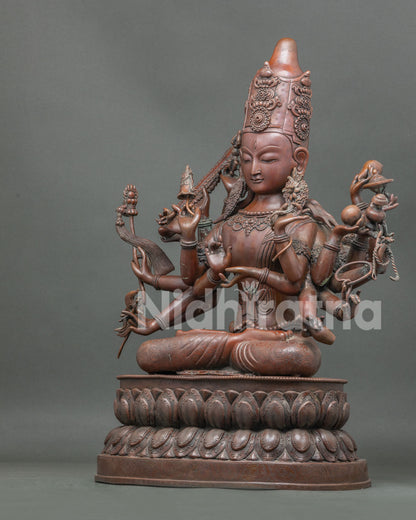 Left side view of Juntei Kannon Chundi statue, oxidized copper hand-cast in Nepal