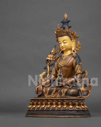 Left side view of Ksitigarbha statue holding a vase with 24K gold gilded celestial jewelry