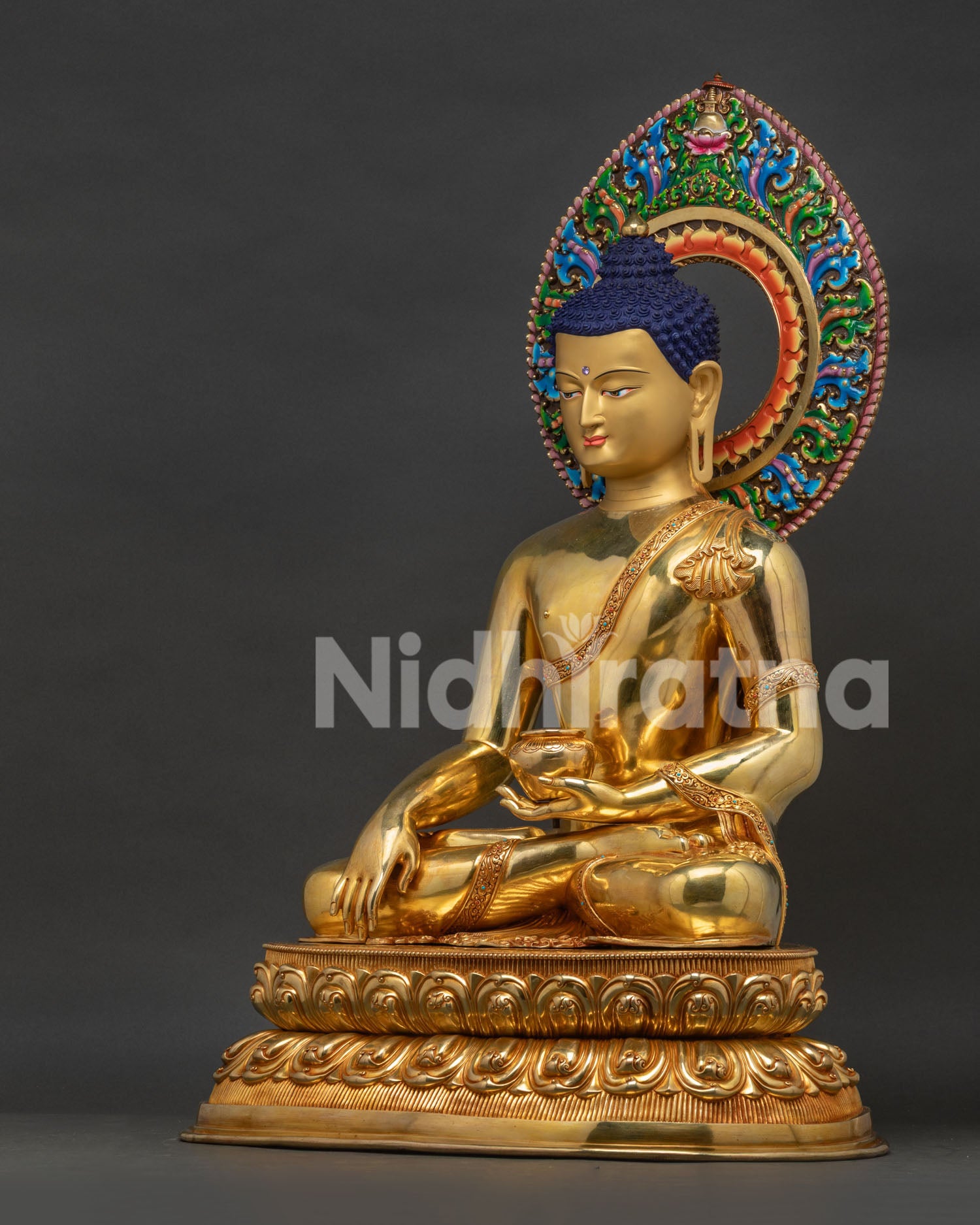 Left side view of Large Shakyamuni Buddha Statue, gold-gilded copper sculpture