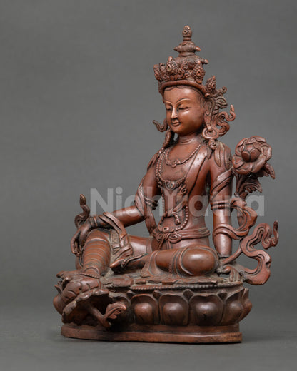 left side view of lokeshvara statue with lotus seat, ornaments and handcrafted copper artistry