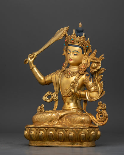 Left side view of Manjushri Statue featuring Prajnaparamita Sutra and lotus symbols