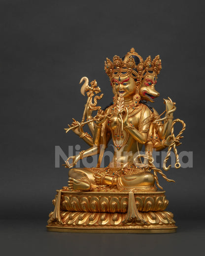 Left side view of Marichi statue Lhasa, sacred attributes, gold fire-gilded copper sculpture