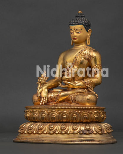 left side view of medicine buddha healing buddha statue with detailed artisan craftsmanship
