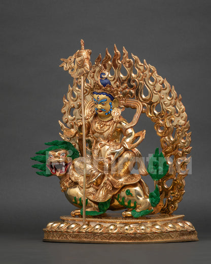 Left side view of Namtoshe Statue, handcrafted Nepalese copper gold gilded Vaishravana guardian king