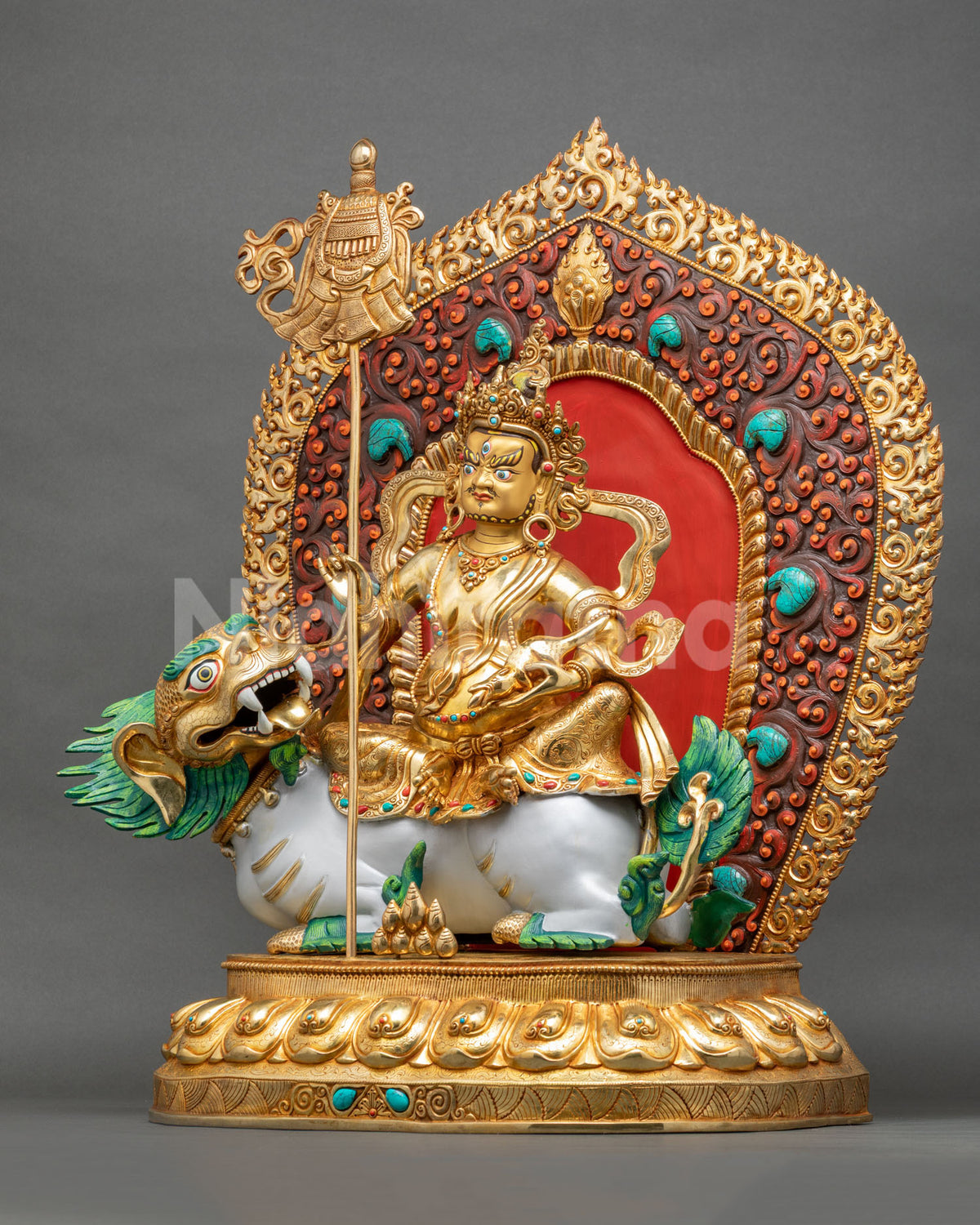 Left Side View of Namtoshe Statue with Victory Banner and Mongoose Holding Jewels