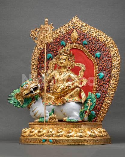 Left Side View of Namtoshe Statue with Victory Banner and Mongoose Holding Jewels