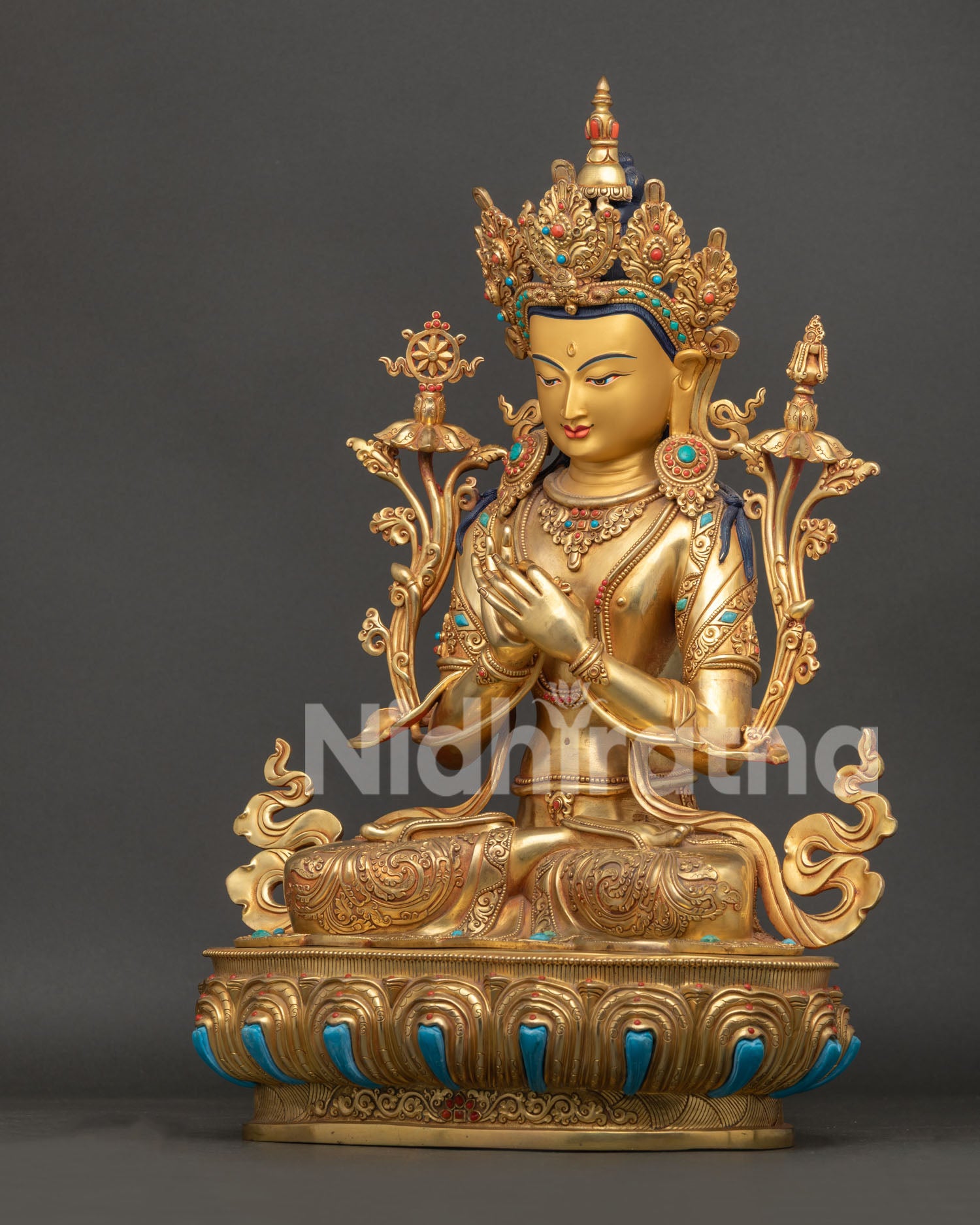 Left Side View of Nepalese Maitreya Buddha Statue with Sacred Buddhist Ornaments
