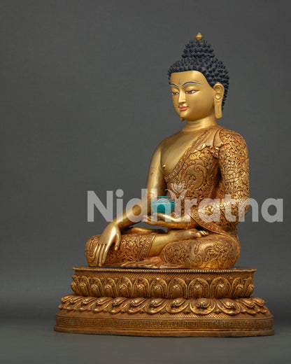 Left Side View of Nepalese Shakyamuni Buddha Statue with 24K Gold Gilding