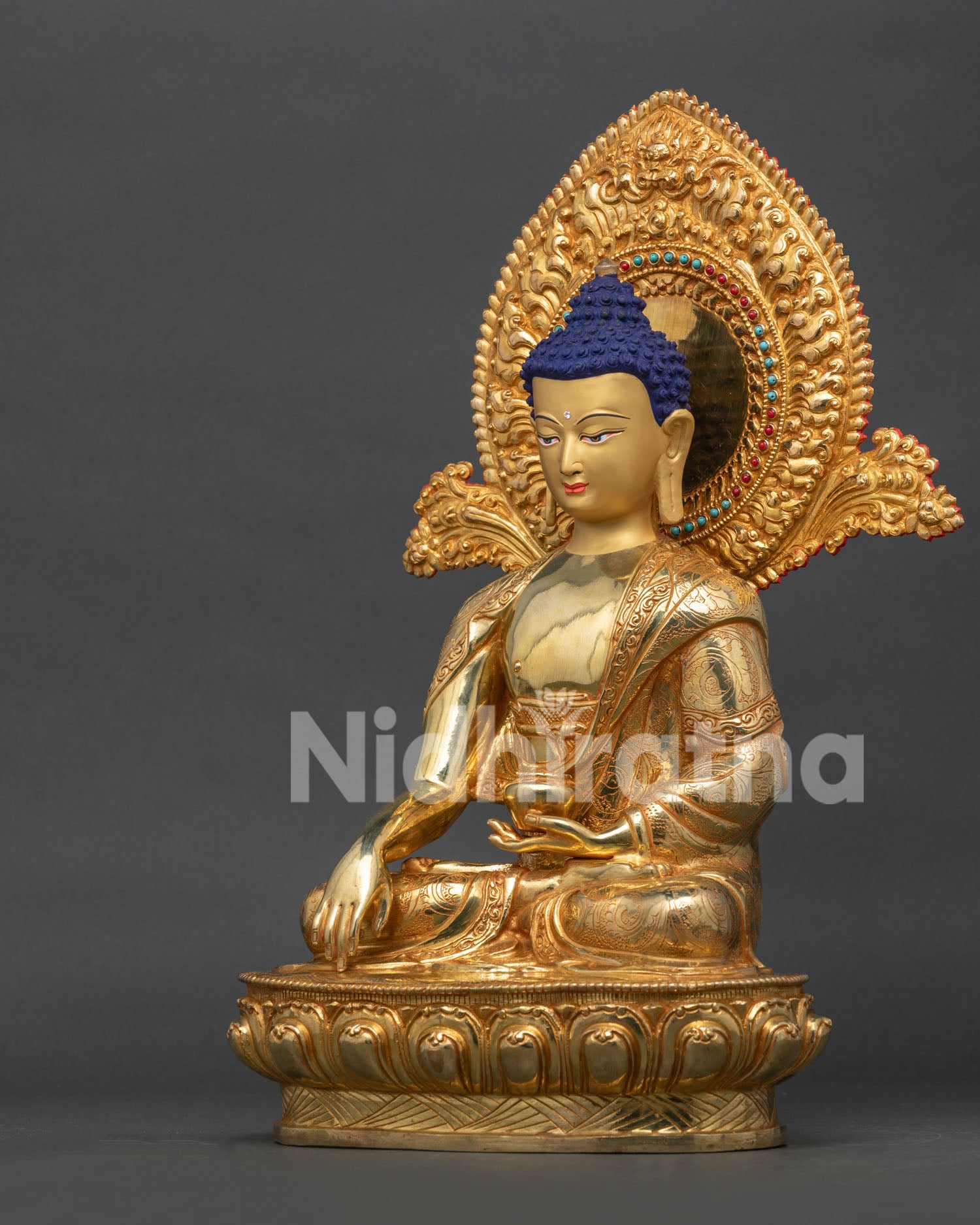 Left side view of Nepali Shakyamuni Buddha Statue showing Earth-Touching Mudra and lotus pedestal