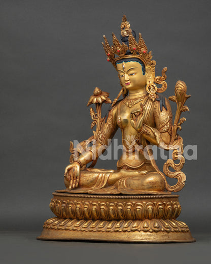 Left Side View of Nepali White Tara Statue with Intricate Hand Chased Details