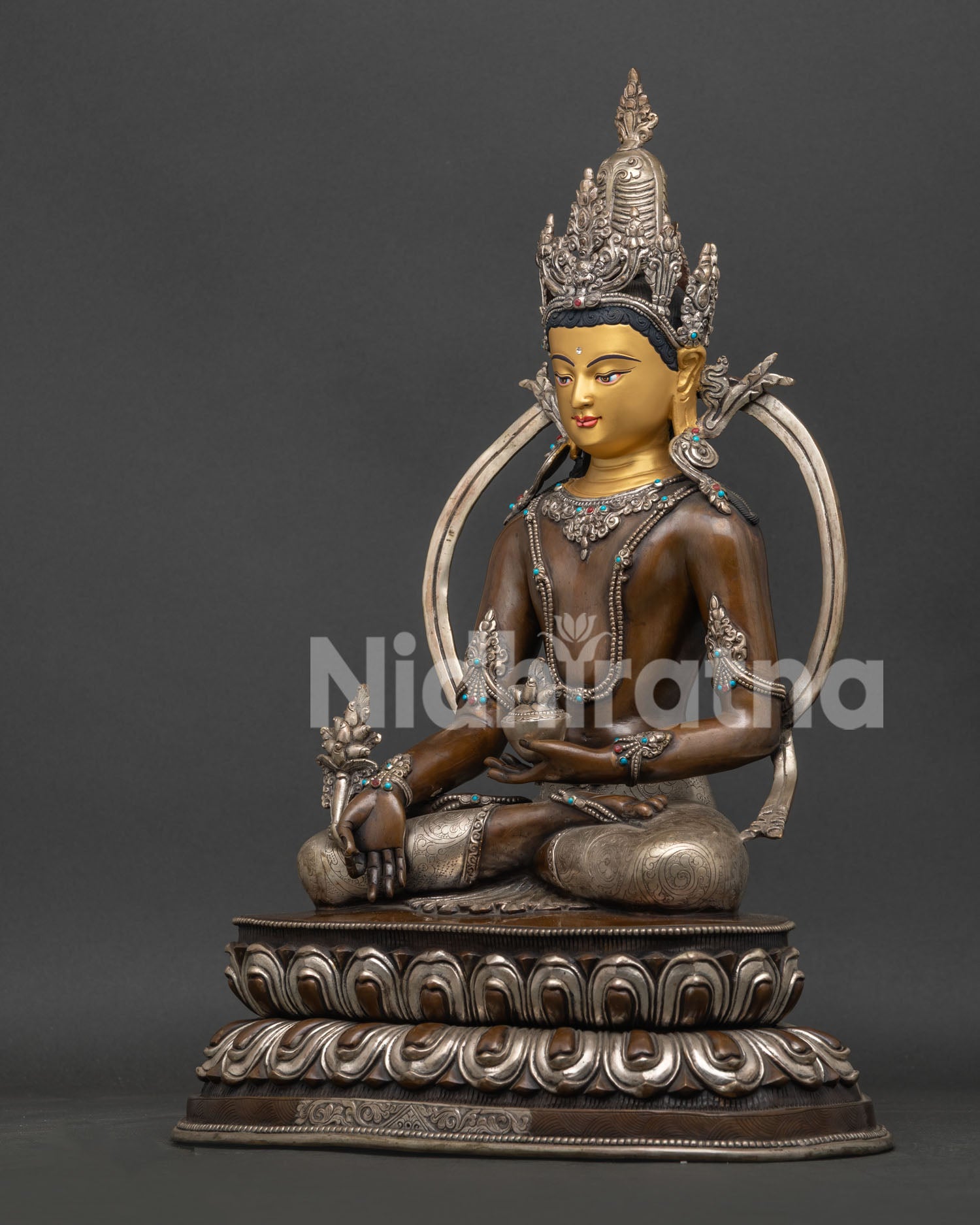 Left side view of Oxidized Medicine Buddha Statue with intricate crown and gemstone decoration