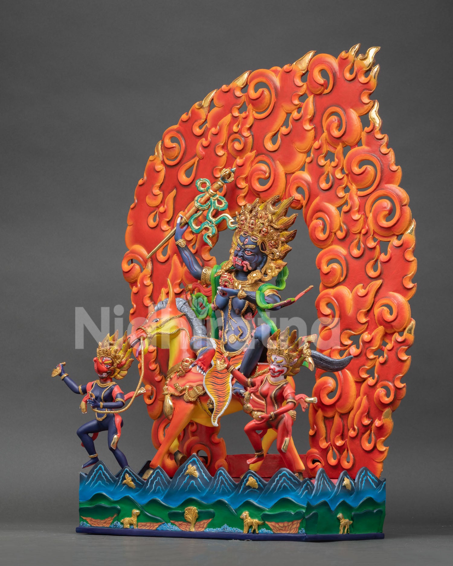 Left Side View of Palden Lhamo Buddhist Statue with Detailed Gold Gilded Artwork