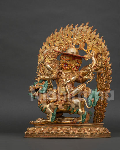 Left side view of Pehar Gyalpo statue, Nechung guardian in lost wax cast copper from Nepal