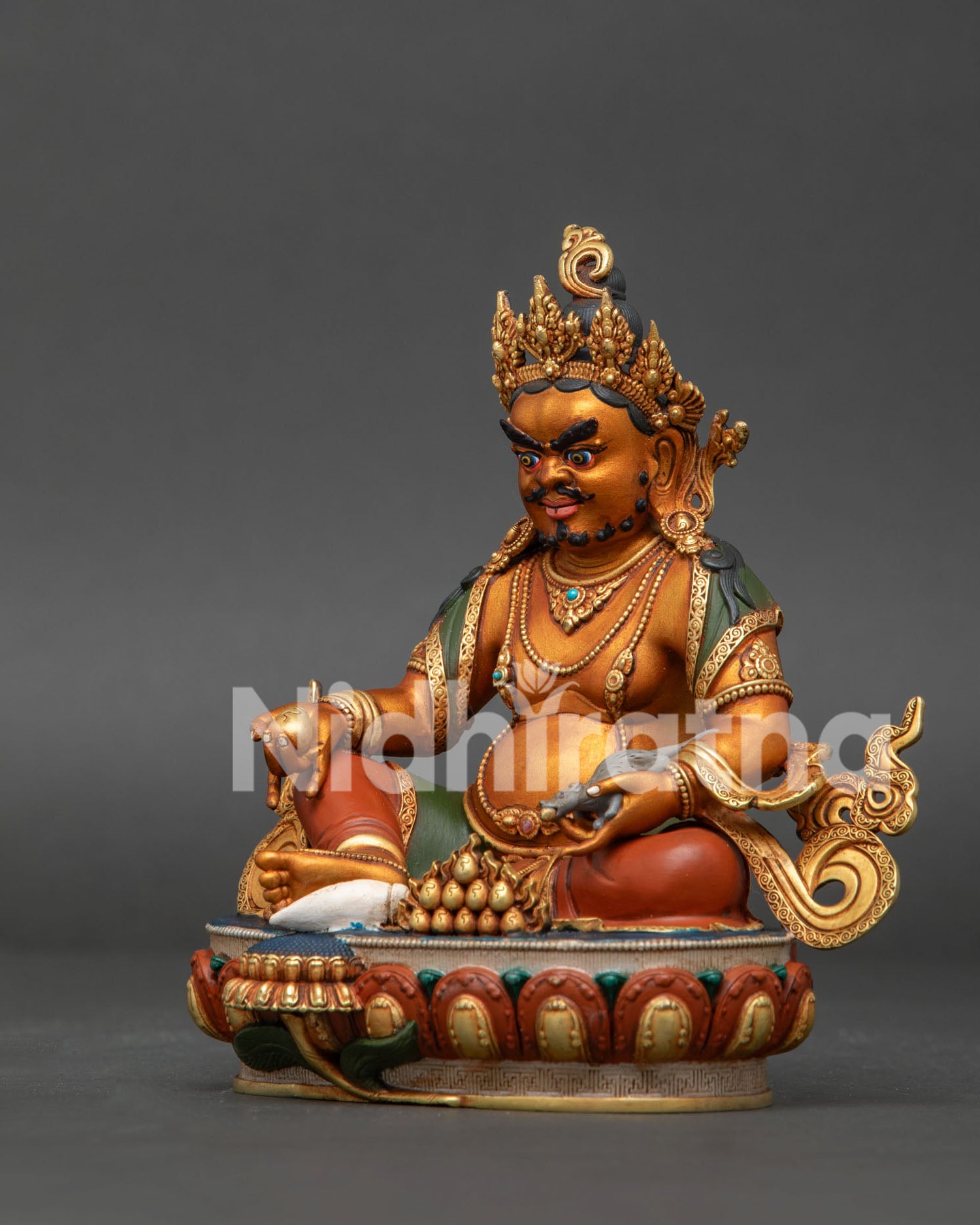 Left Side View of Premium Dzambhala Statue with Ornate Gold-Gilded Details