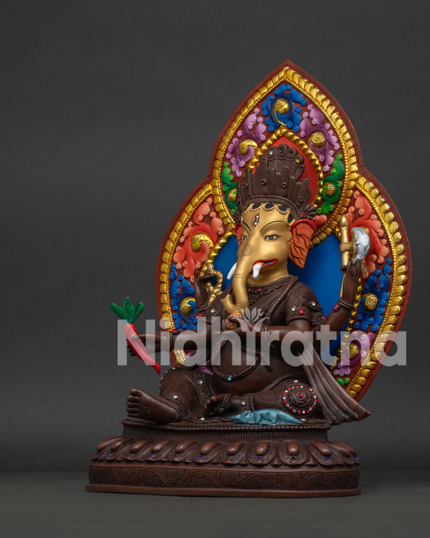 Left Side View of Sacred Oxidized Ganesh Statue with Multicolor Halo