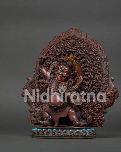 Left Side View of Sacred Vajrapani Statue with Lotus Base and Intricate Metalwork