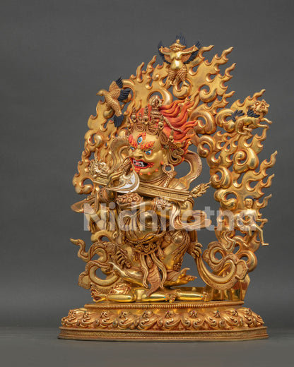 Left side view of Shakya Mahakala Buddhist protector statue handcrafted in Nepal