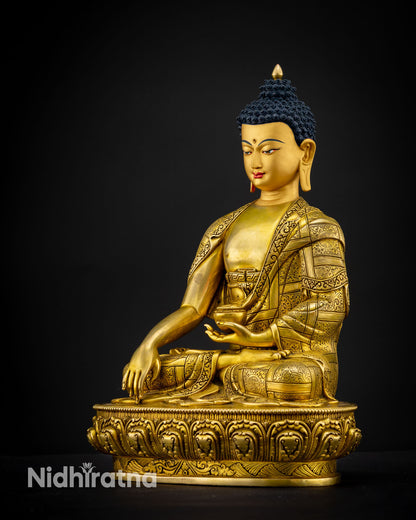 Left side view of Shakyamuni Buddha meditation statue with intricate 3D lotus base design