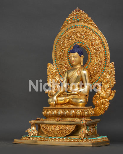 Left side view of Shakyamuni Buddha on throne, turquoise inlay base, gilded lotus seat, handcrafted Nepal