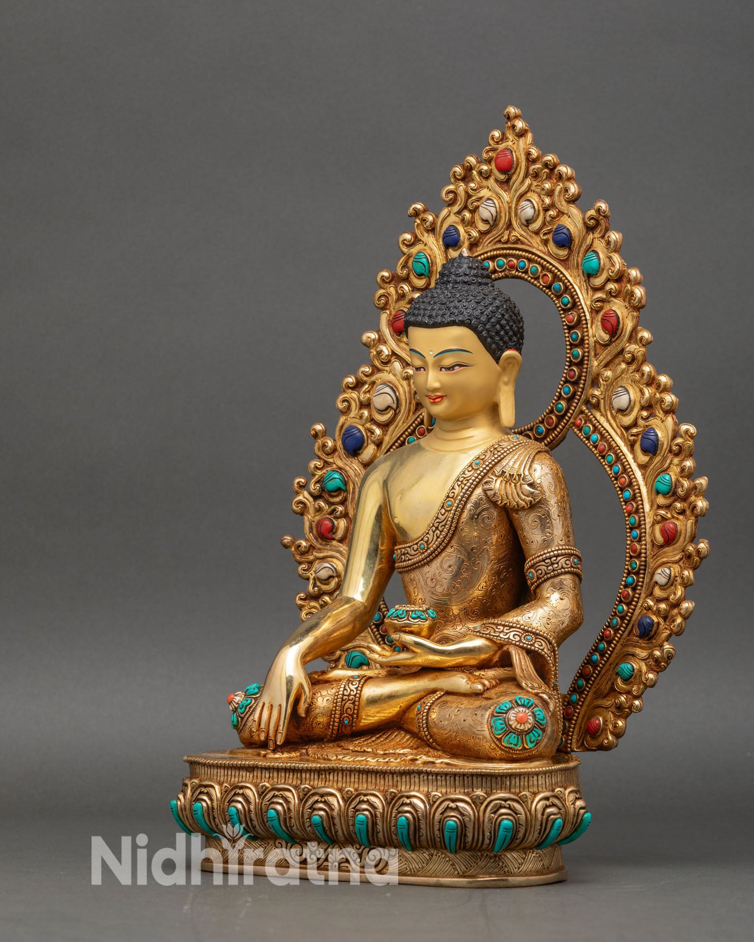 Left side view of Shakyamuni Buddha statue Bhumisparsha Mudra gold gilded copper sacred