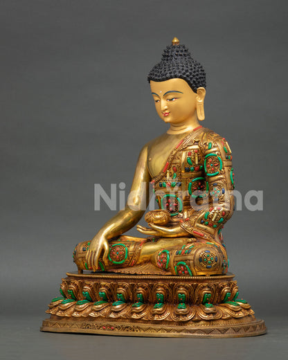 Left Side View of Shakyamuni Buddha Statue Copper Sculpture with Lotus Base