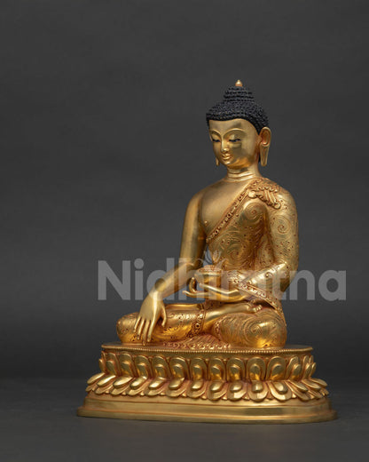 Left side view of Shakyamuni Buddha Statue, hand-chased robe and Earth-touching Mudra