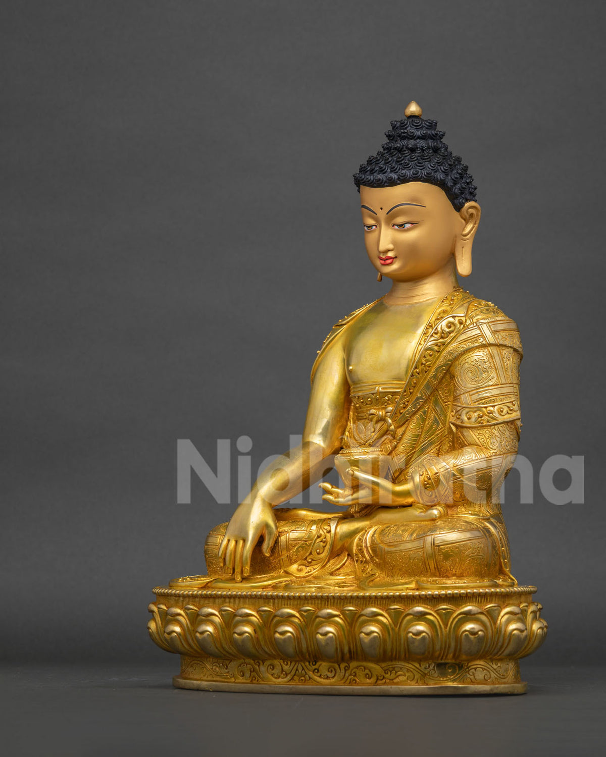 Left side view of Shakyamuni Buddha statue, handcrafted Nepalese Buddhist sculpture