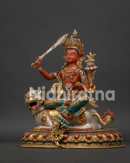 Left side view of Simhanada Manjushri statue with intricate Buddhist details