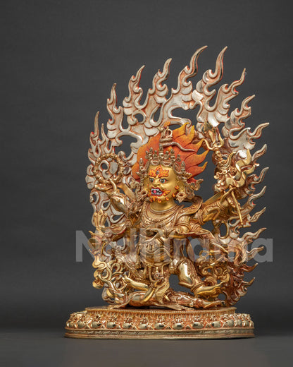 Left side view of Six Arm Mahakala Statue, handcrafted Nepalese copper gold gilded Buddhist art