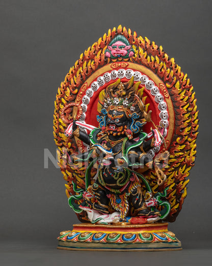 Left side view of Six-Armed Mahakala statue, Nepal handcrafted Dharma protector sculpture