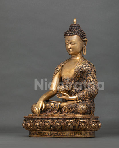 Left Side View of Solid Copper Shakyamuni Buddha Statue Holding Alms Bowl on Lotus Seat