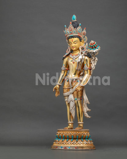 Left side view of Standing Lokeshvara statue with gold fire-gilded finish