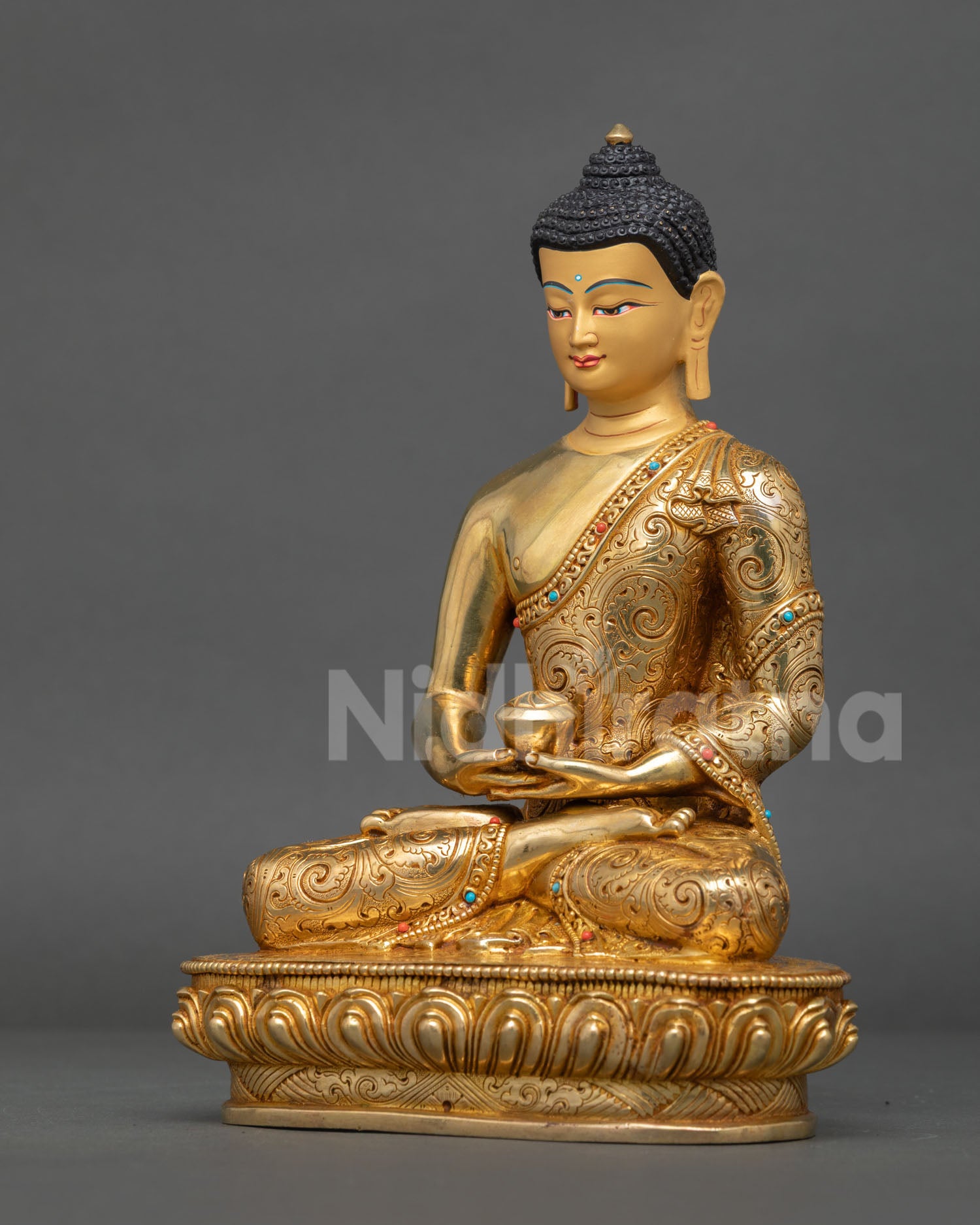 Left side view of the Sukhavati Amitabha Buddha of Infinite Light on a lotus seat.