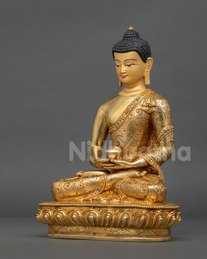Left side view of the Sukhavati Amitabha Buddha of Infinite Light on a lotus seat.