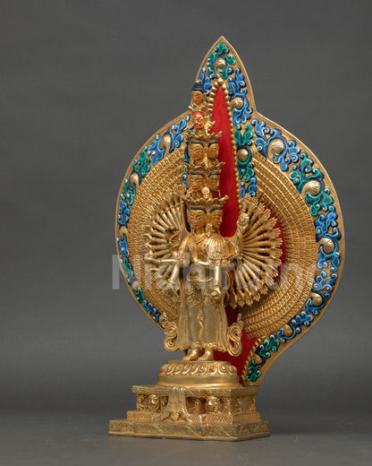 left side view of thousand armed avalokiteshvara statue with lotus base and ornaments