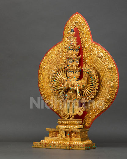 Left-side view of Thousand-Armed Chenrezig sculpture with gold-gilded copper detailing