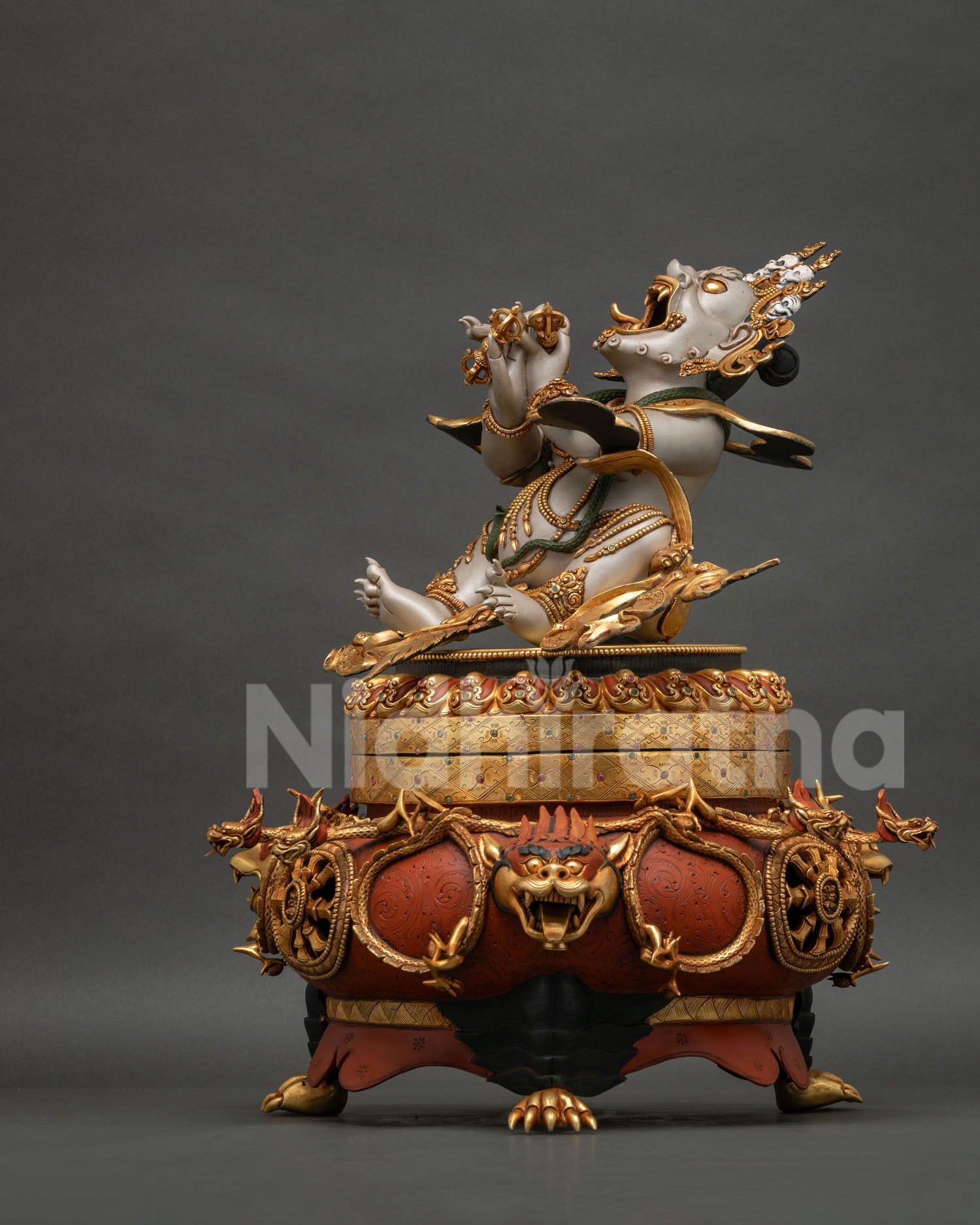 Left side view of Vajradaka statue, gold gilded Buddhist altar decor
