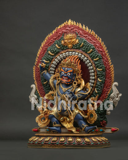 Left side view of Vajrapani Chana Dorje statue with sacred ornaments and halo