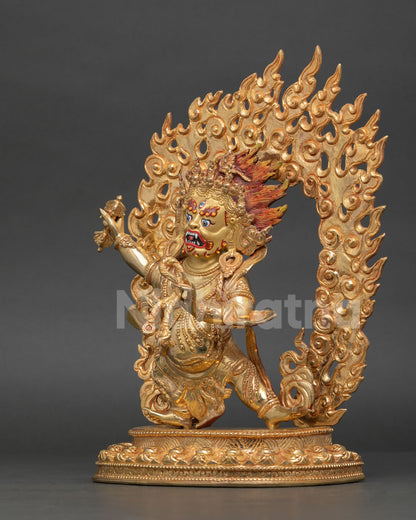 left-side view of vajrapani statue featuring sacred ornaments and lotus base