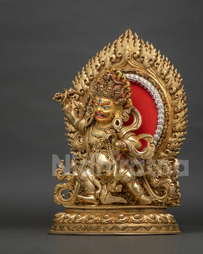 Left side view of Vajrapani statue showing lasso, lotus pedestal and flaming halo